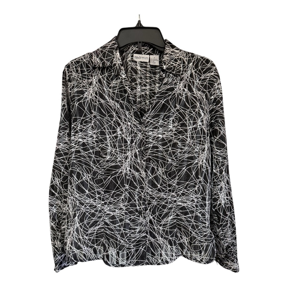 Apparenza Women’s Top Blouse Sheer Striped Long Sleeve Black Silver Print Medium
